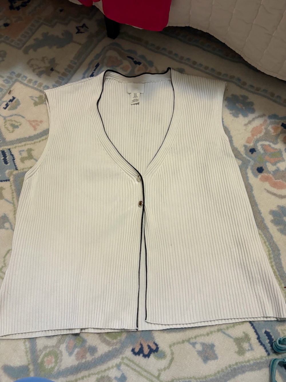 H&M White Ribbed Tank with Black Trim and Gold Button